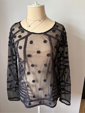 Free People - Sheer Black Embroidered Floral Mesh Top - Small